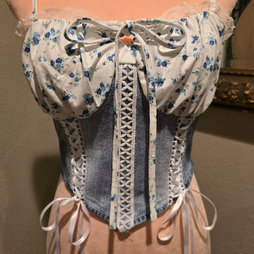 Floral Denim Blue Corset Top W/Bows - Picture 2 of 4